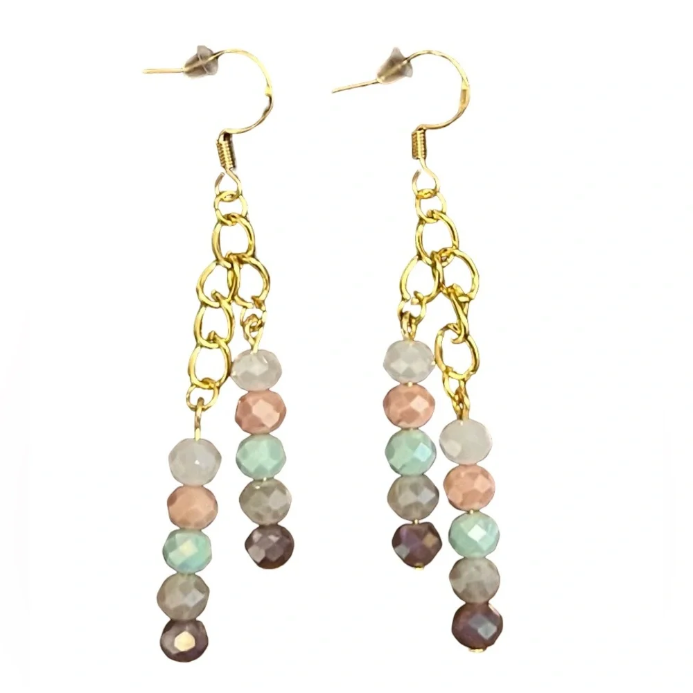 Gold Tone Chain Dangle Earrings with Multi-Colored Beads - Picture 2 of 2